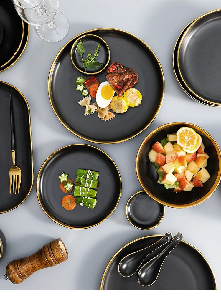 Eclipse Gilt Rim Black Porcelain Dinnerware Set
