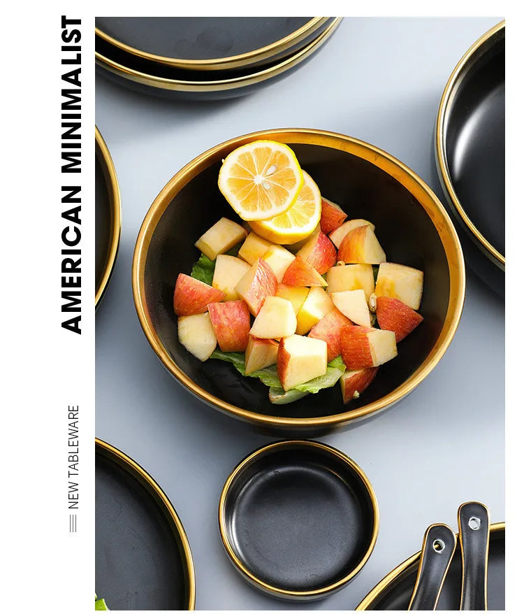 Eclipse Gilt Rim Black Porcelain Dinnerware Set