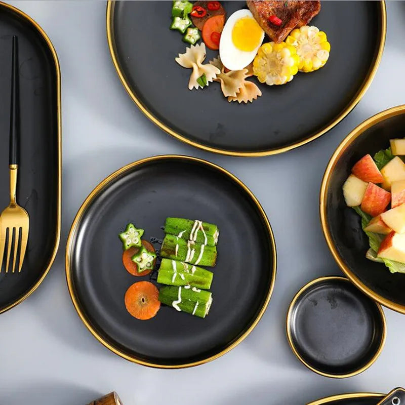 Eclipse Gilt Rim Black Porcelain Dinnerware Set