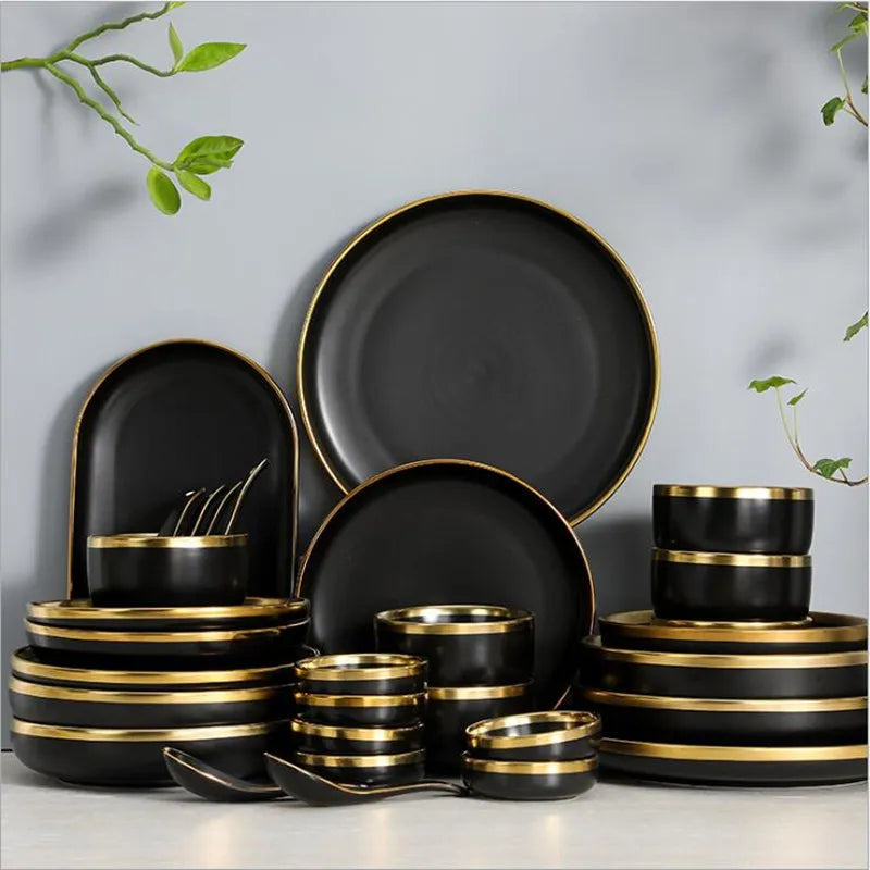 Eclipse Gilt Rim Black Porcelain Dinnerware Set