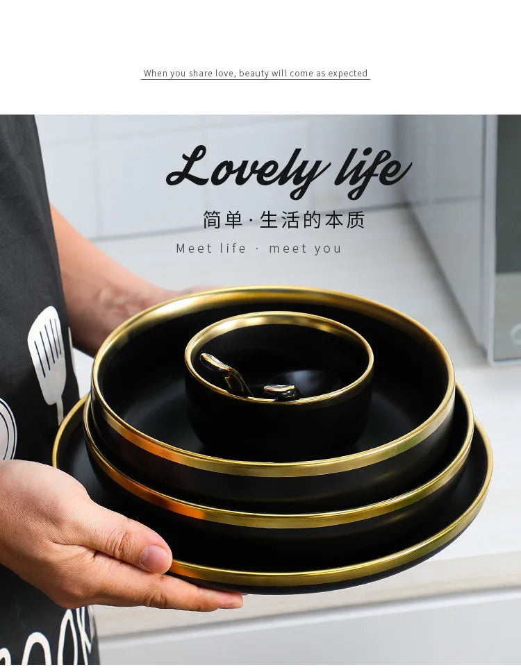 Eclipse Gilt Rim Black Porcelain Dinnerware Set