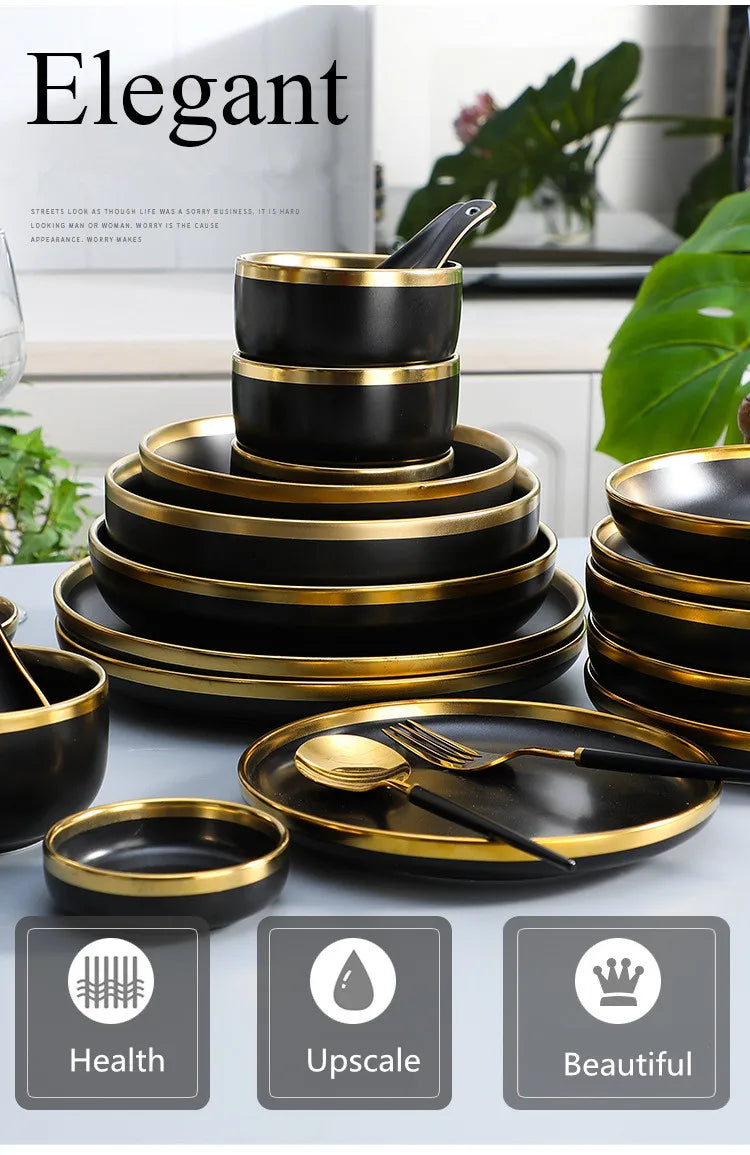 Eclipse Gilt Rim Black Porcelain Dinnerware Set