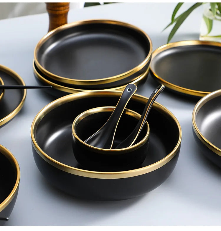 Eclipse Gilt Rim Black Porcelain Dinnerware Set