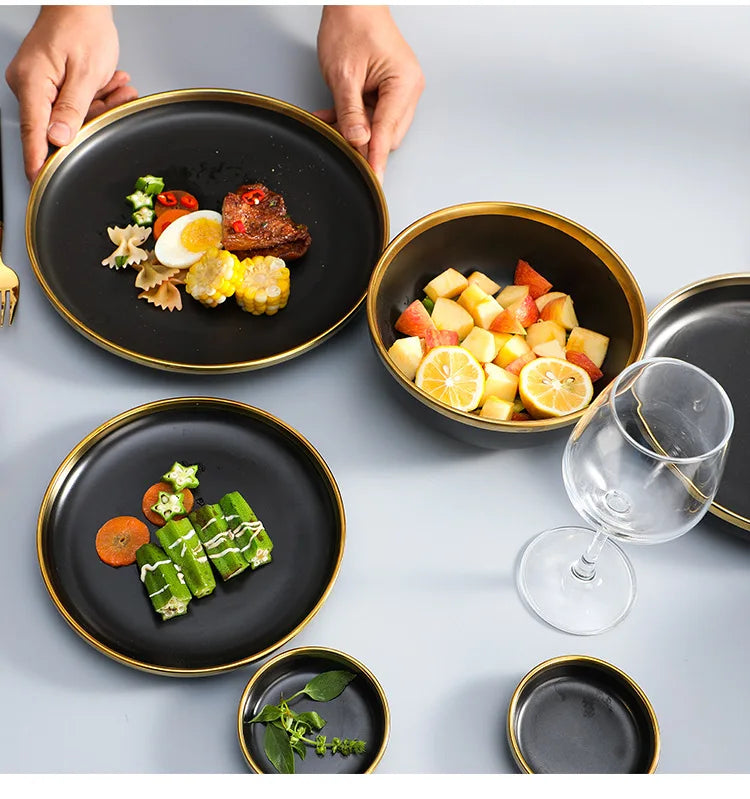 Eclipse Gilt Rim Black Porcelain Dinnerware Set