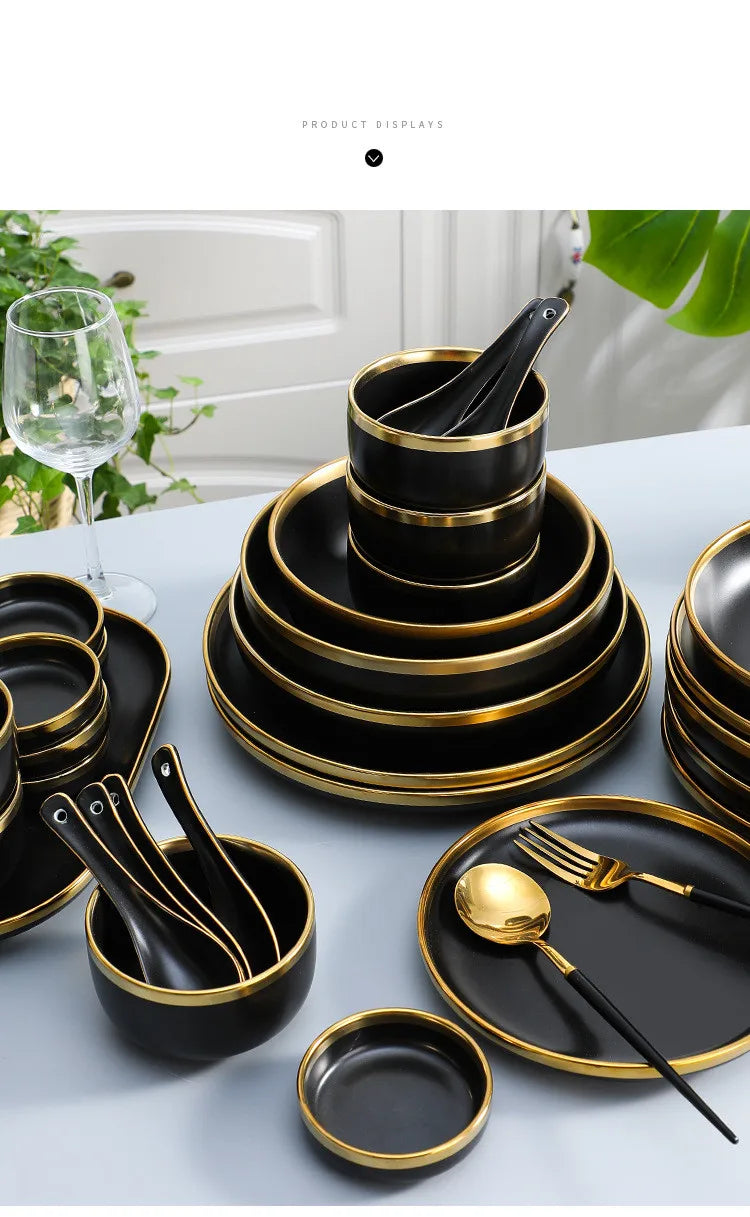 Eclipse Gilt Rim Black Porcelain Dinnerware Set