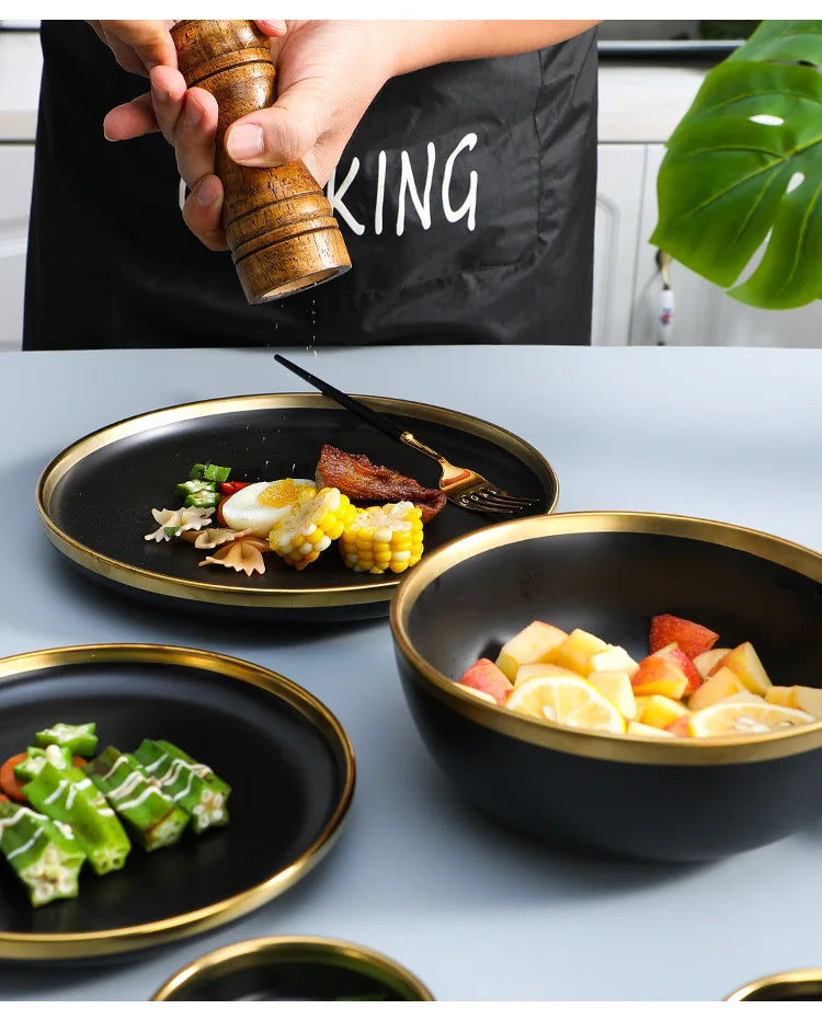 Eclipse Gilt Rim Black Porcelain Dinnerware Set