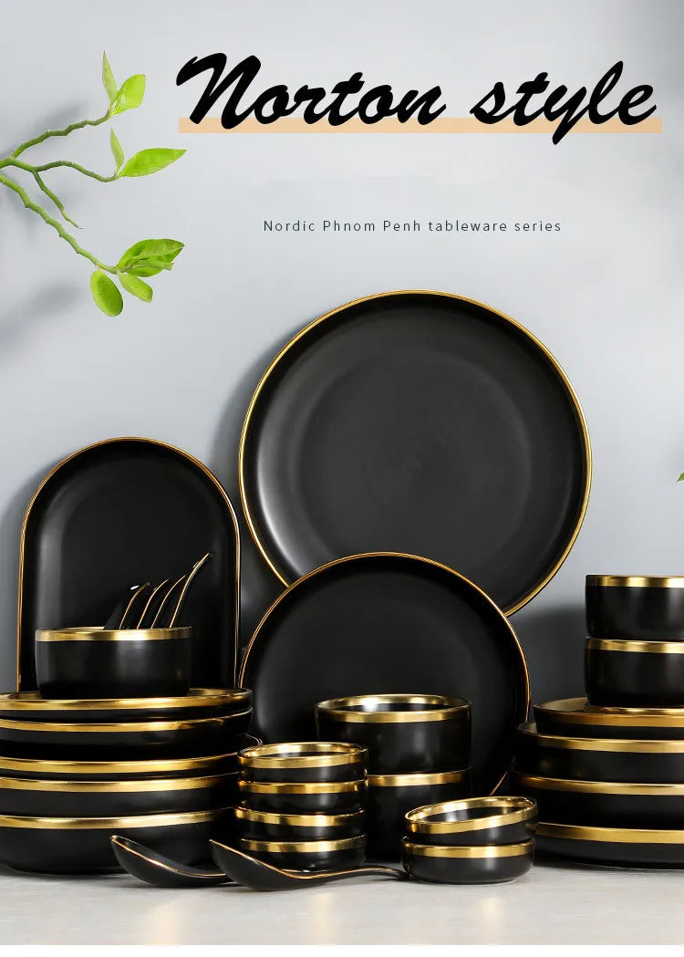 Eclipse Gilt Rim Black Porcelain Dinnerware Set