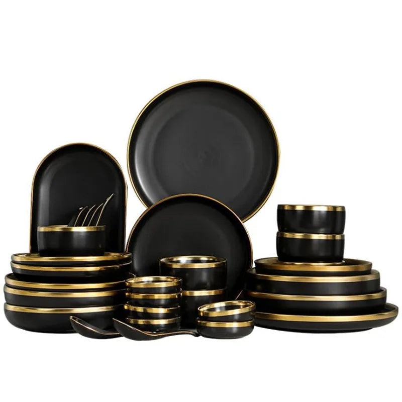 Eclipse Gilt Rim Black Porcelain Dinnerware Set