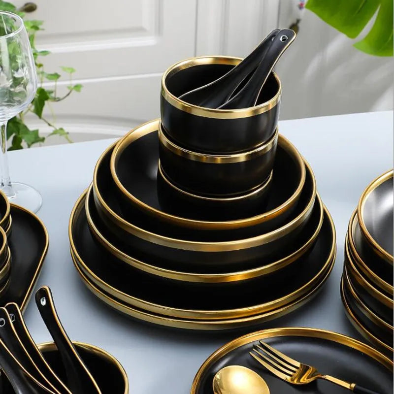 Eclipse Gilt Rim Black Porcelain Dinnerware Set