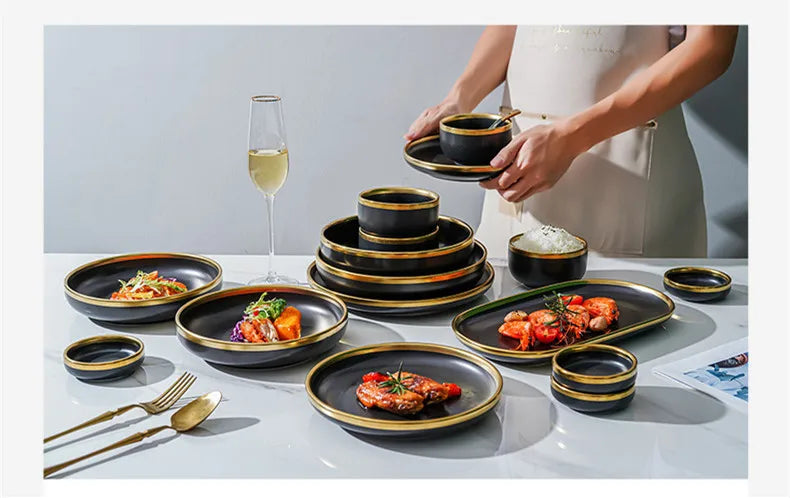 Eclipse Gilt Rim Black Porcelain Dinnerware Set