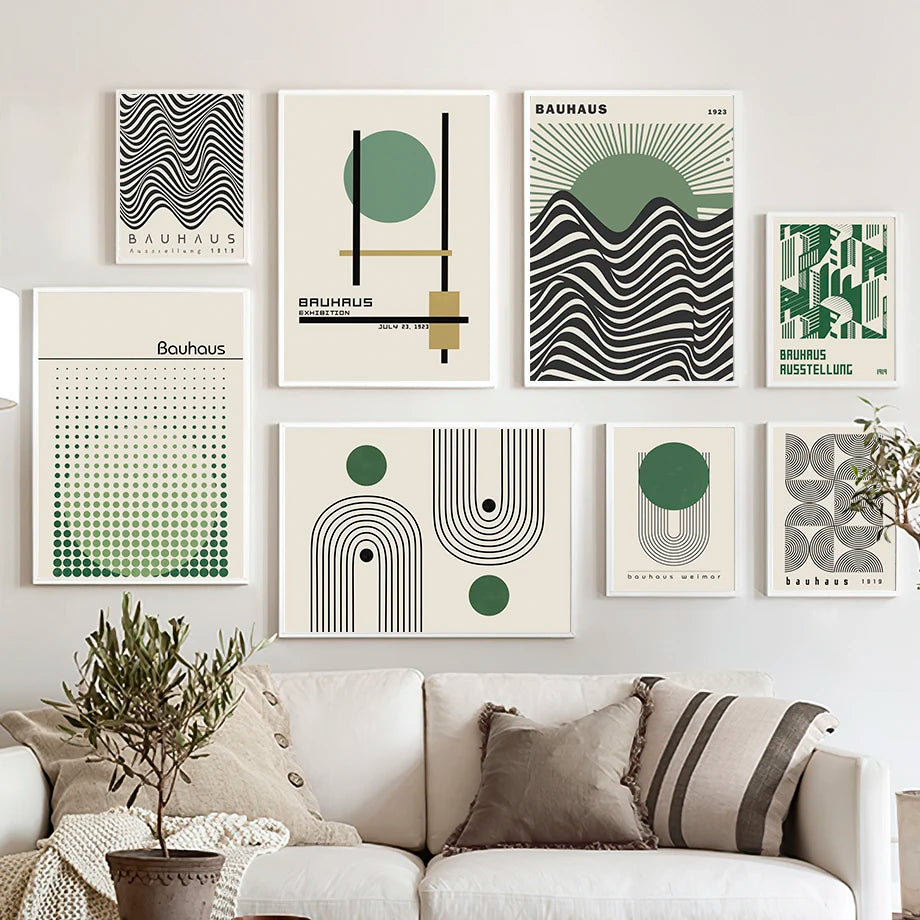 Bauhaus Green Minimalist Canvas – Abstract Line Art Print