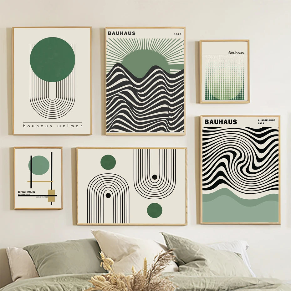 Bauhaus Green Minimalist Canvas – Abstract Line Art Print