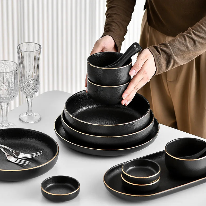 Obsidian Noir Gold Rim Dinnerware Set