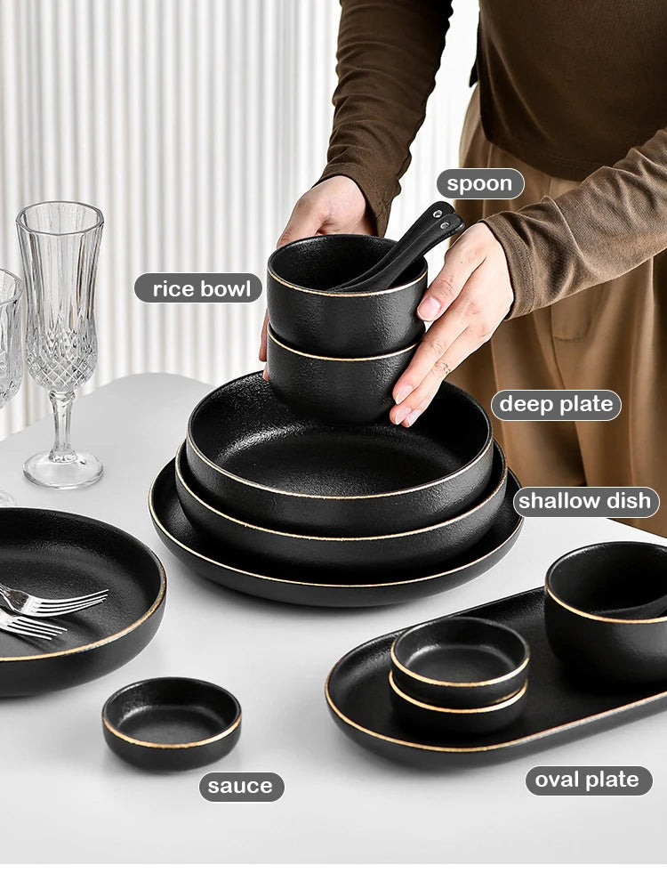 Obsidian Noir Gold Rim Dinnerware Set
